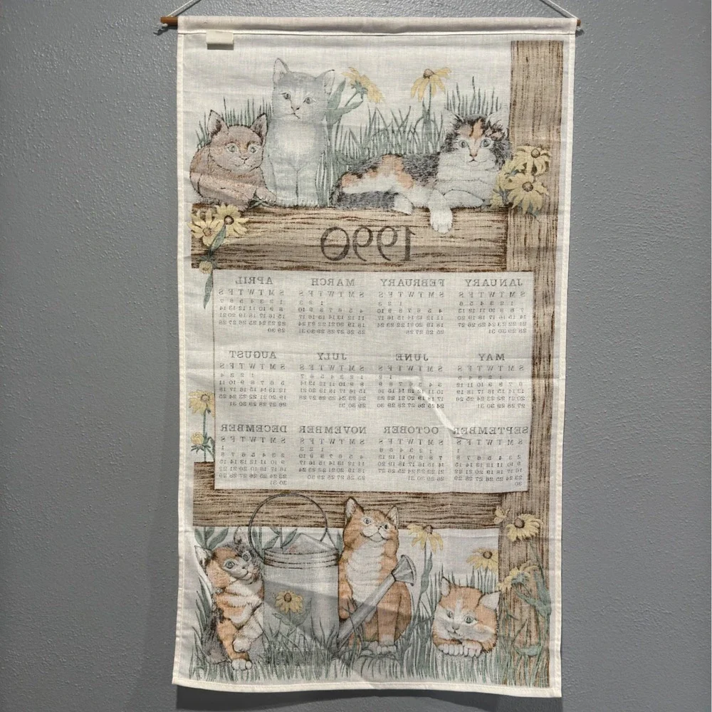 Vintage 1990 Kitten Cat Fabric Wall Calendar Tea Towel Cotton 15x25 Brazil Decor